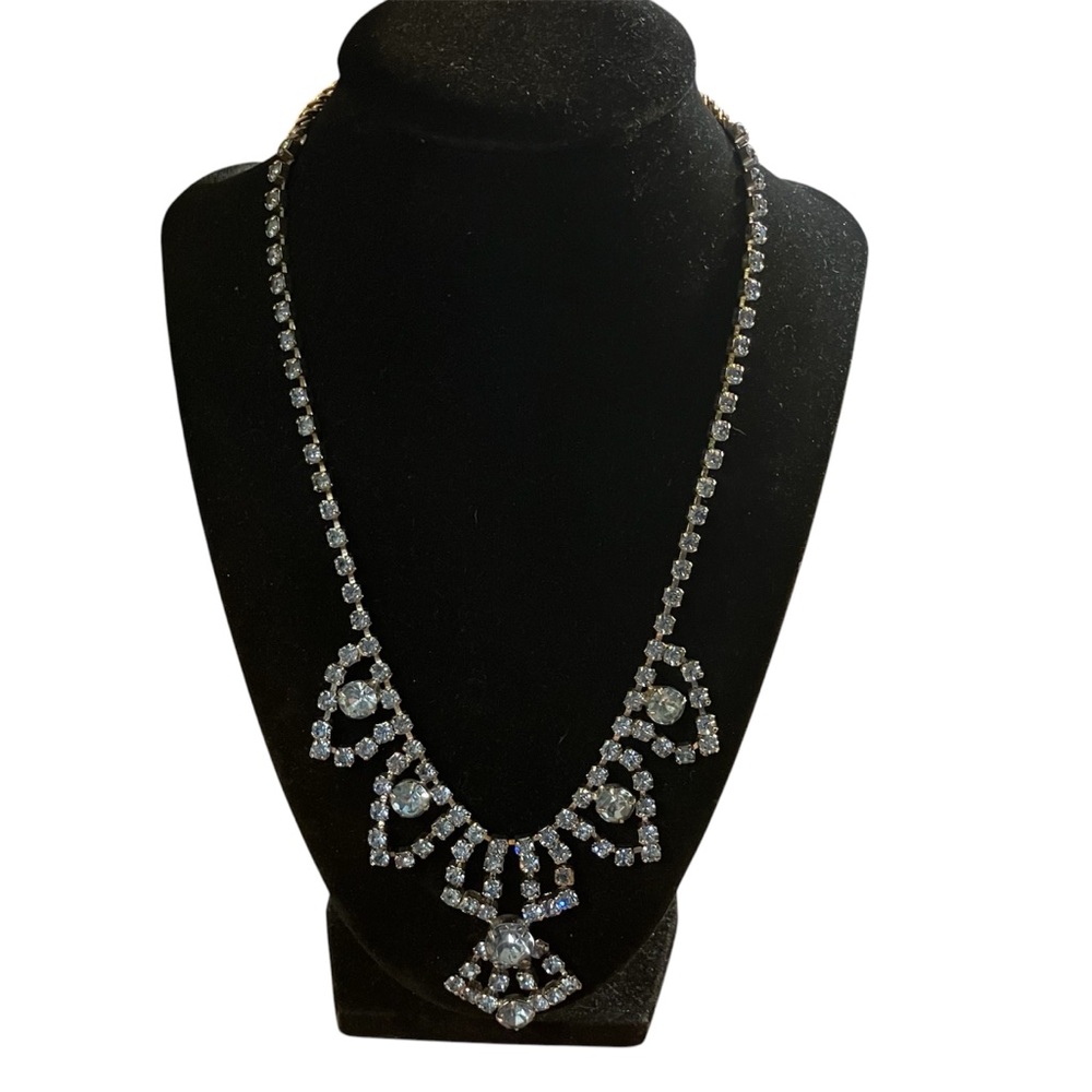 Vintage Light Blue Rhinestone Statement Necklace Silver Tone